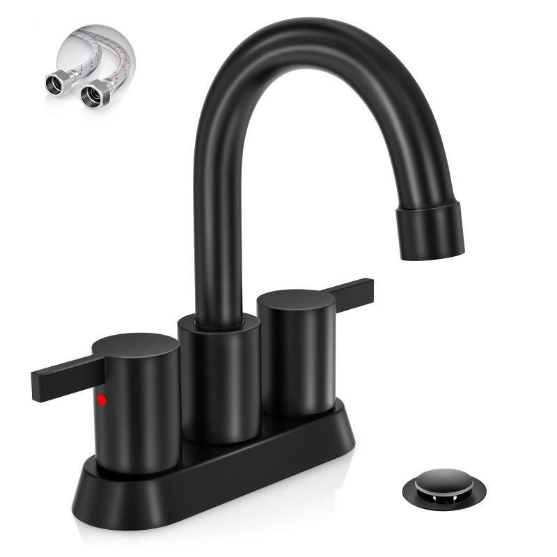 Phiestina 4 Inch 2 Handle Centerset Matte Black Lead-Free Modern Bathroom Faucet, 360 Swivel Spout 2-3 Hole RV Bathroom Vanity Sink Faucet with Pop Up Drain and Water Supply Lines,BF015-1-MB - Image 1
